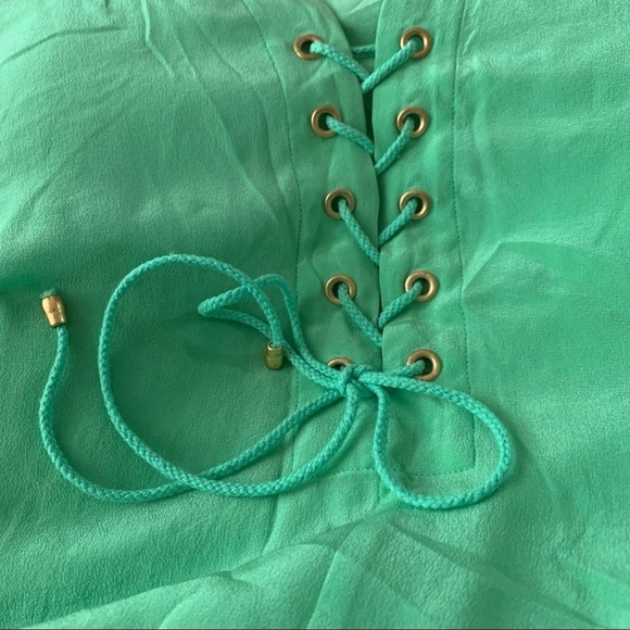 𝅺ANTHROPOLOGIE Leifsdottir Green Silk Drawstring Waist Mini Dress Size 6 - Picture 7 of 7